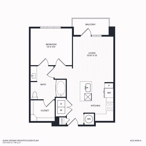 Floor plan for 1 bed, 1 bath, 736 sqft